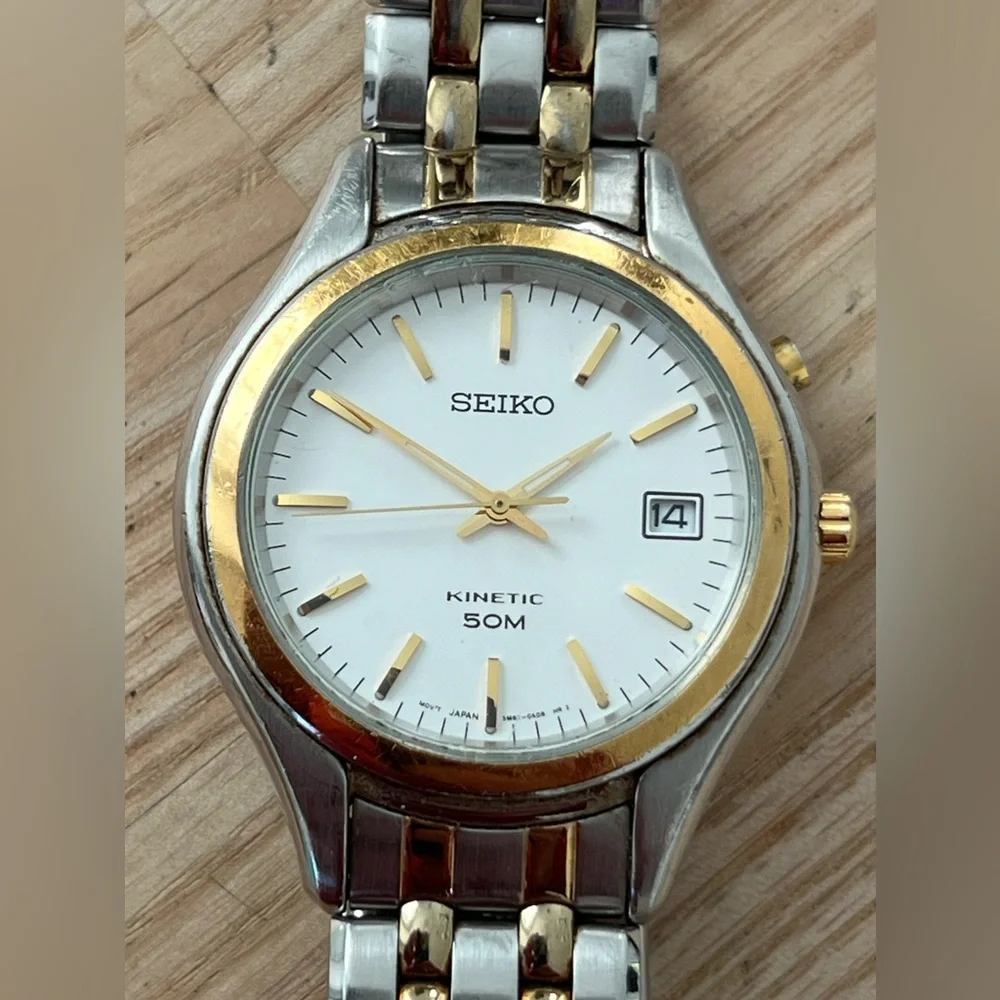 Seiko Kinetic Automatic Men’s Watch Two-Tone Bracelet Case White Dial Date